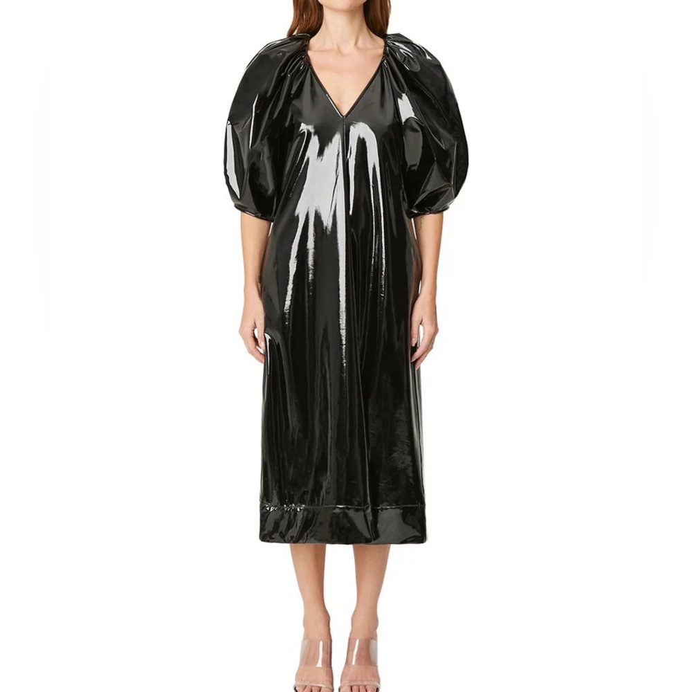 $525 NWOT RHODE “Betty” Patent Puff-Sleeve Midi Dress in Black Sz 4